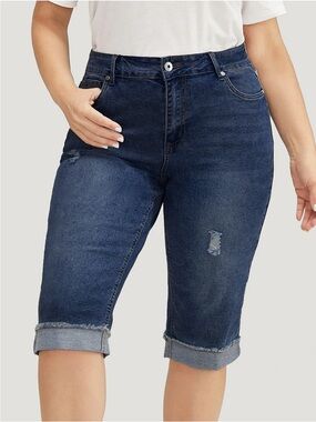 BloomChic Plus Size 2XL Moderately Stretchy Roll Hem Ripped Knee Denim Shorts